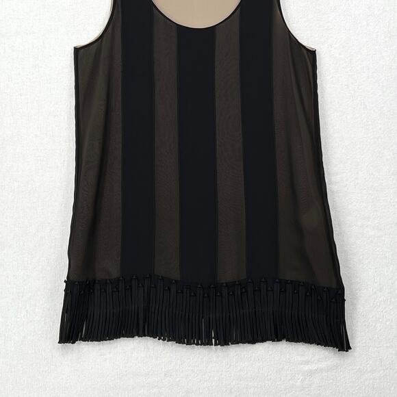 SCHUMACHER Fringe Trim Tunic Tank Top Women M Black Sheer Stripe Silk Scoop Neck - Picture 6 of 13